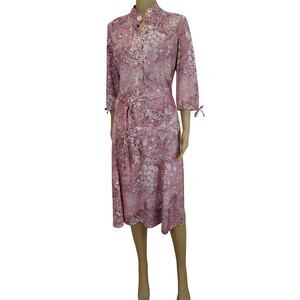 70s Pink Floral Long Sleeve Belted Midi Dress Short Collar Button Top Size 10